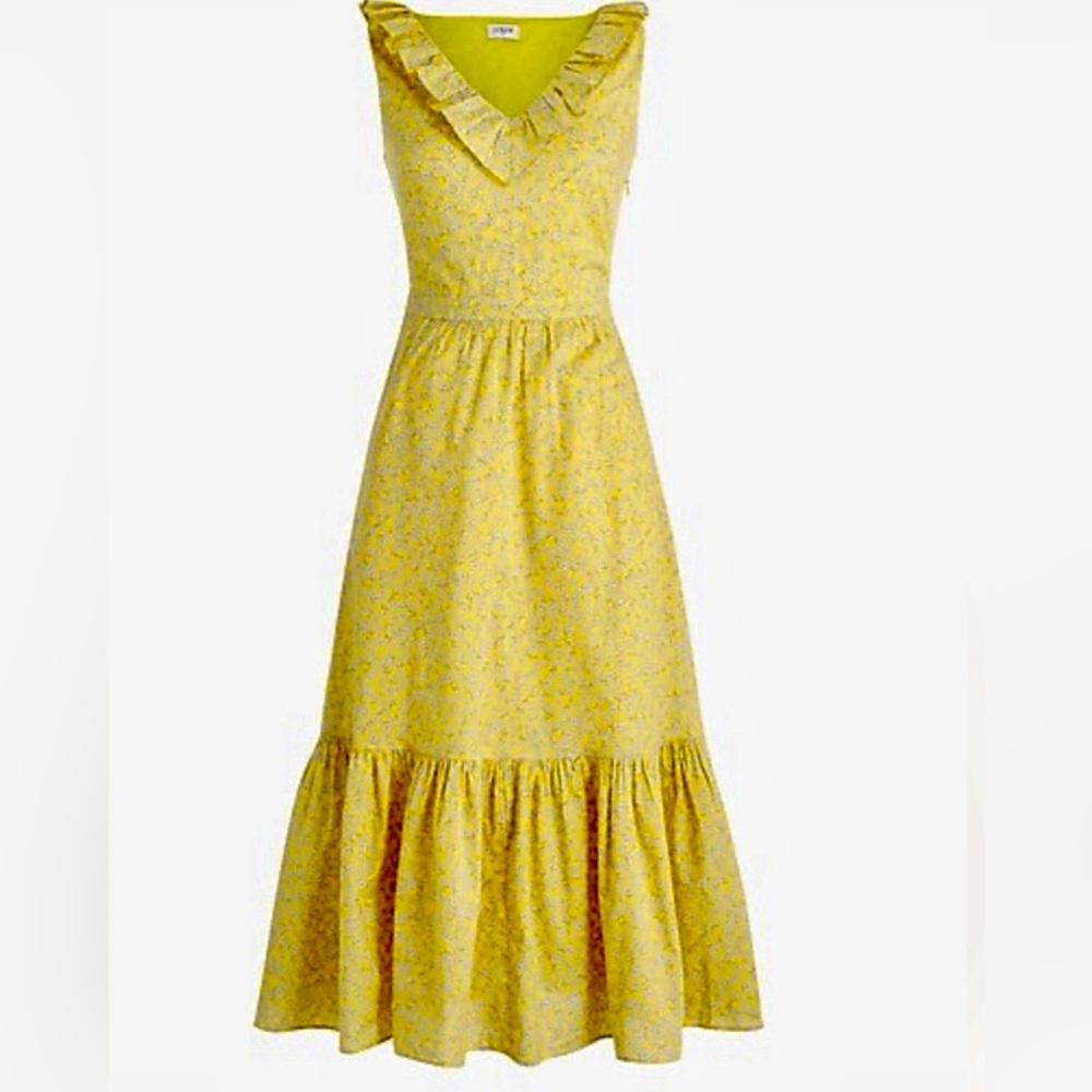 J. CREW Factory Midi Ruffle Floral Print Dress Size 16 in Sunshine Yellow
